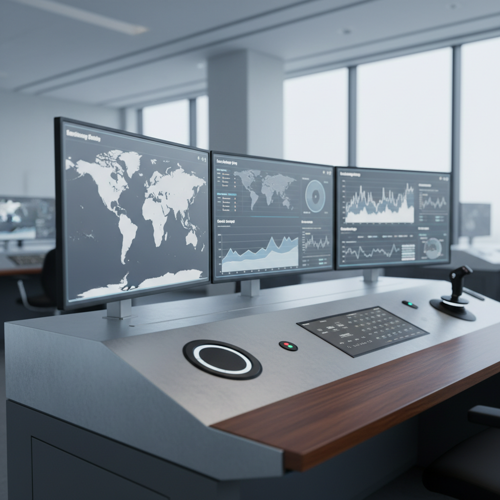 A close, eye-level view of a sleek, brushed-metal control console in a modern energy trading operations room, its matte surface interrupted by multiple ultra-wide screens displaying simplified world maps, neutral-toned charts, and clean line graphs in muted blues and greys. The console rests on a dark, polished workstation with carefully arranged instruments and no clutter. Cool, diffused overhead lighting creates a soft, even glow with minimal reflections, emphasizing precision and order. The background gently falls into blur, revealing only hints of additional workstations. Photographic realism, rule-of-thirds composition, and a calm, professional atmosphere communicate transparency, data-driven decision-making, and structured energy management.