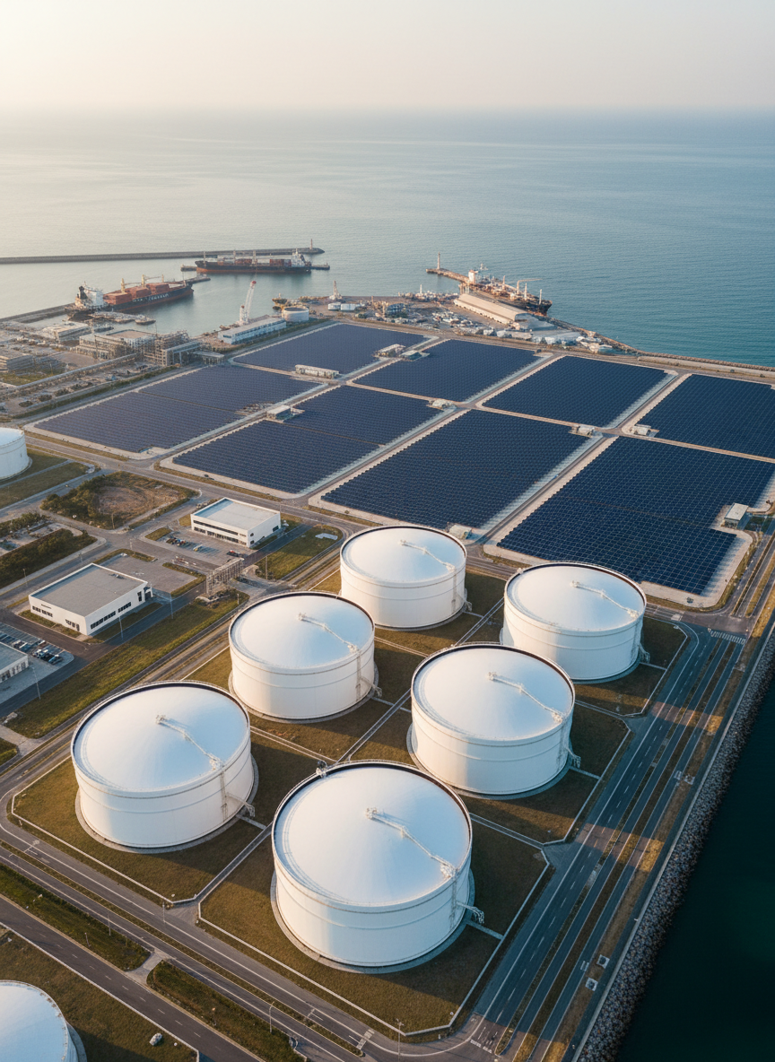 A wide, panoramic aerial view of a modern energy terminal on a calm coastline, featuring neatly aligned fuel storage tanks with pristine white curved surfaces and a nearby array of dark blue solar panels with a subtle reflective sheen. The facility is surrounded by clean access roads and a small, orderly harbor with moored cargo vessels. Soft late-afternoon natural light casts long, gentle shadows, highlighting the clean geometry and structured layout. Captured in photographic realism from a high, slightly angled perspective, with sharp focus throughout, the composition feels balanced and corporate, conveying reliability, scale, and transparency in global energy trade operations.