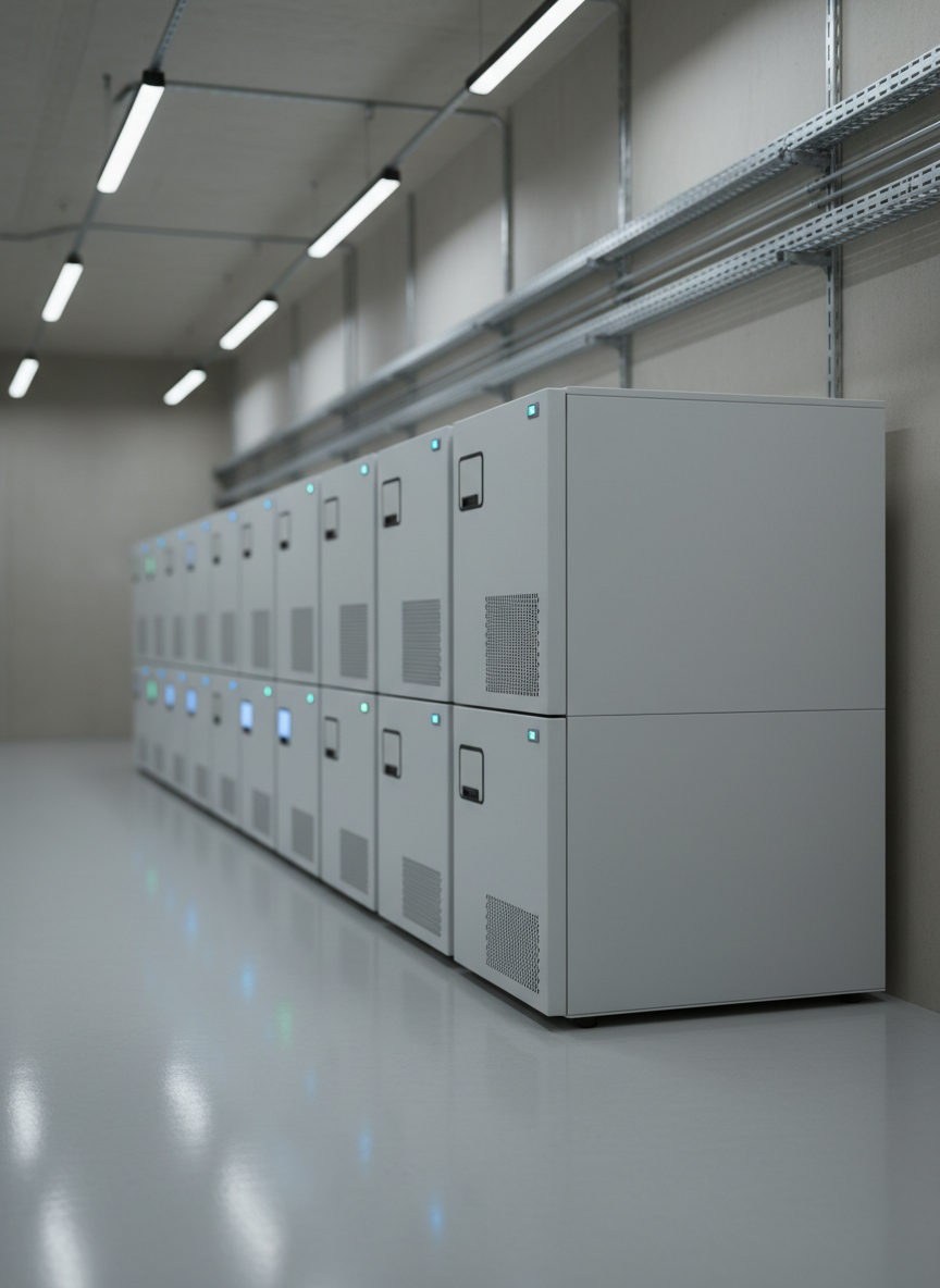 A detailed close-up of a modular, advanced energy storage system composed of stacked, matte white battery cabinets with subtle ventilation grilles and discrete indicator lights in soft blue and green. The cabinets line a spotless, light-grey epoxy floor, with precisely routed conduit and cable trays mounted along a smooth, neutral wall. Cool, even LED lighting from above creates gentle, controlled reflections and crisp shadows beneath the units. Shot at an eye-level angle with a shallow depth of field, the foreground cabinet is in sharp focus while additional units recede softly into blur. The photographic, minimalist aesthetic conveys innovation, reliability, and high technical standards.